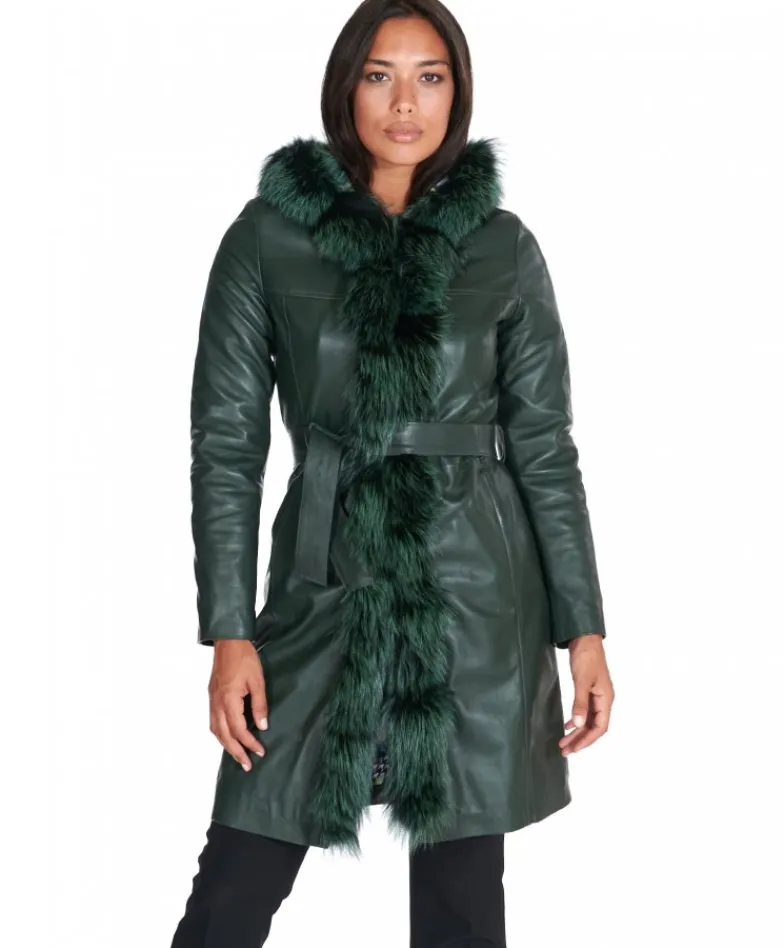 Donna D'Arienzo Tina - Cappotto in pelle naturale verde con cappuccio bordato pelliccia