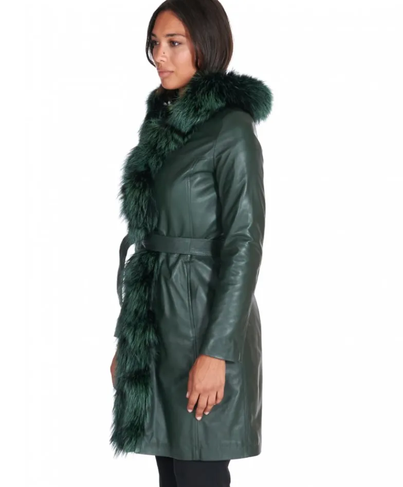 Donna D'Arienzo Tina - Cappotto in pelle naturale verde con cappuccio bordato pelliccia