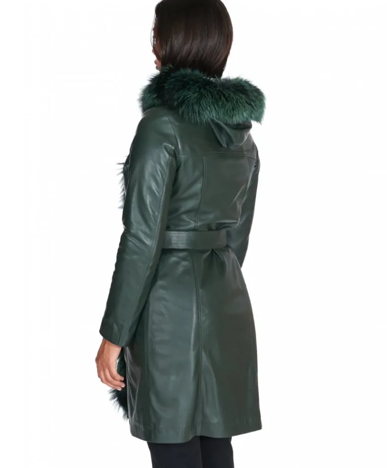 Donna D'Arienzo Tina - Cappotto in pelle naturale verde con cappuccio bordato pelliccia
