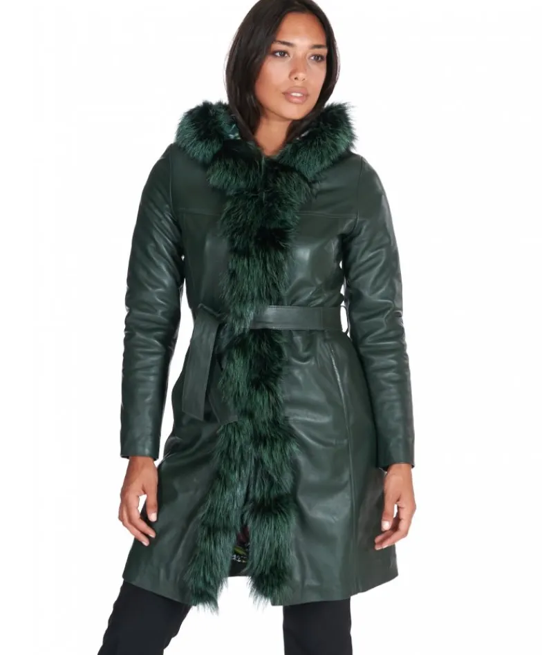 Donna D'Arienzo Tina - Cappotto in pelle naturale verde con cappuccio bordato pelliccia