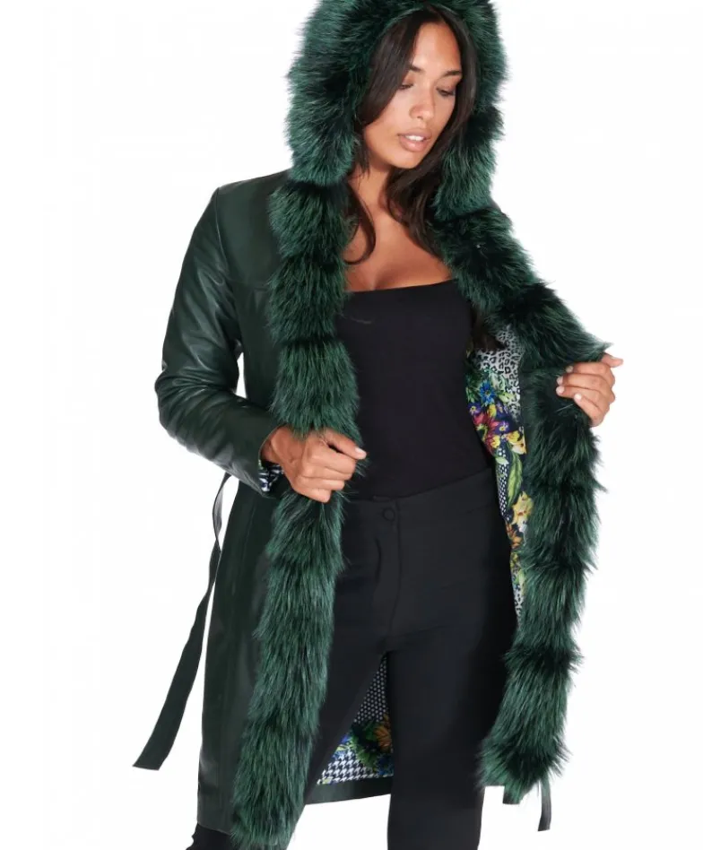Donna D'Arienzo Tina - Cappotto in pelle naturale verde con cappuccio bordato pelliccia