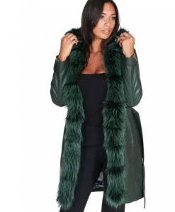 Donna D'Arienzo Tina - Cappotto in pelle naturale verde con cappuccio bordato pelliccia