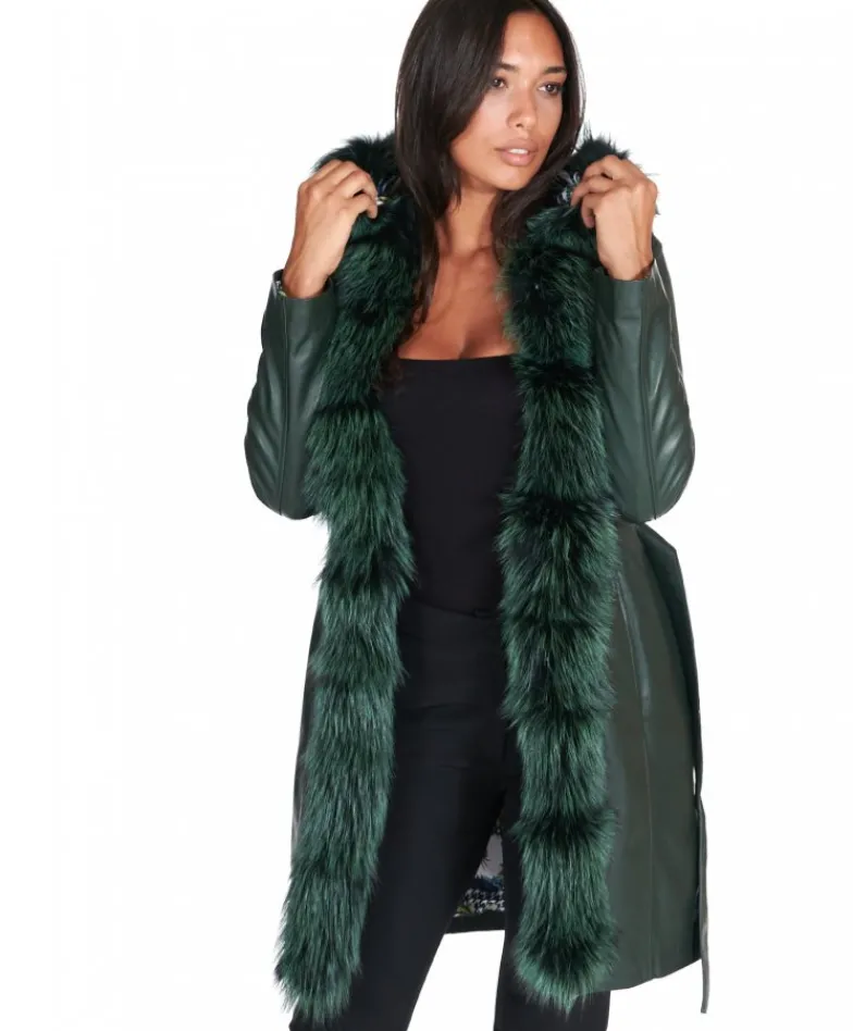 Donna D'Arienzo Tina - Cappotto in pelle naturale verde con cappuccio bordato pelliccia