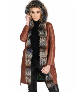 Donna D'Arienzo Tina - Cappotto in pelle naturale cuoio con cappuccio bordato pelliccia
