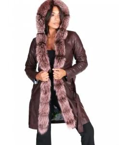 Donna D'Arienzo Tina - Cappotto in pelle naturale bordeaux con cappuccio bordato pelliccia