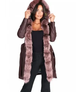 Donna D'Arienzo Tina - Cappotto in pelle naturale bordeaux con cappuccio bordato pelliccia
