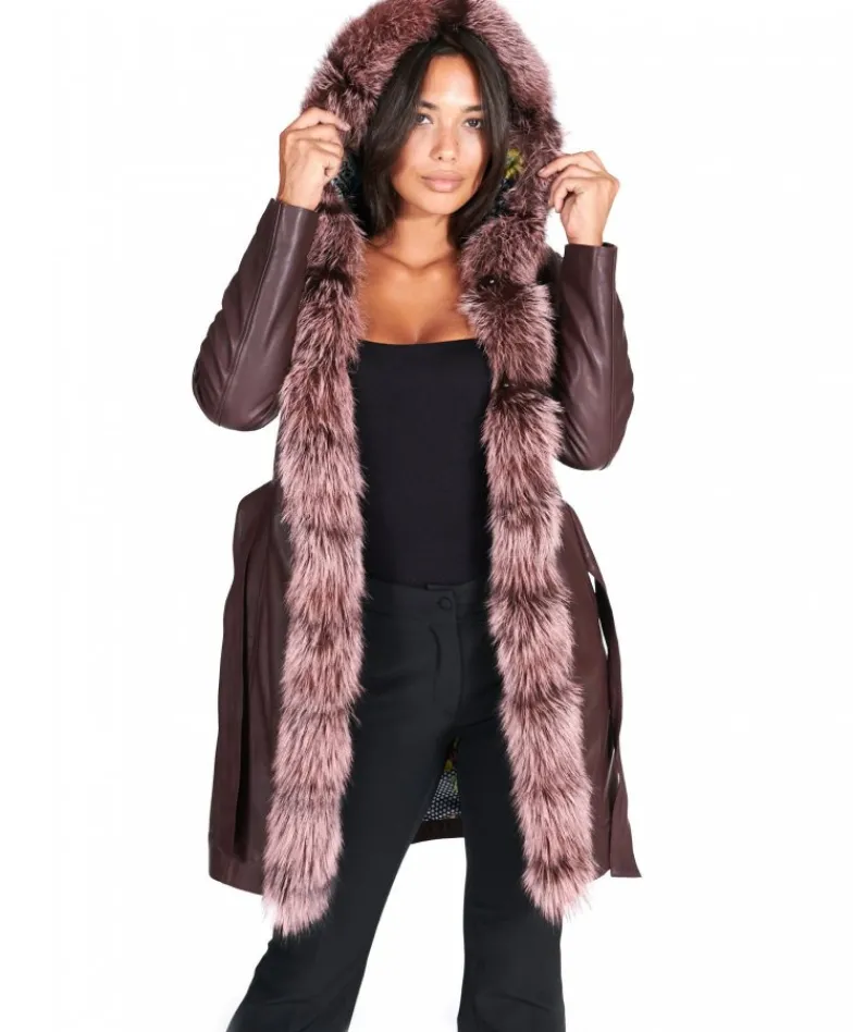 Donna D'Arienzo Tina - Cappotto in pelle naturale bordeaux con cappuccio bordato pelliccia