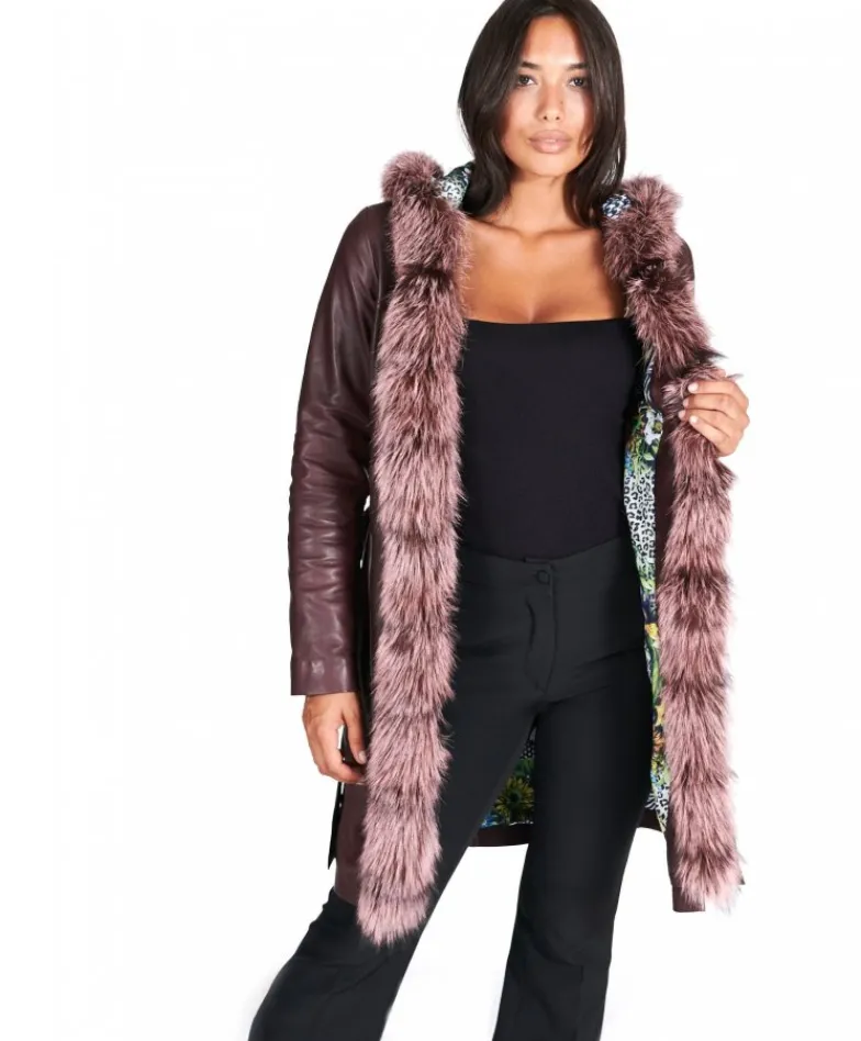 Donna D'Arienzo Tina - Cappotto in pelle naturale bordeaux con cappuccio bordato pelliccia