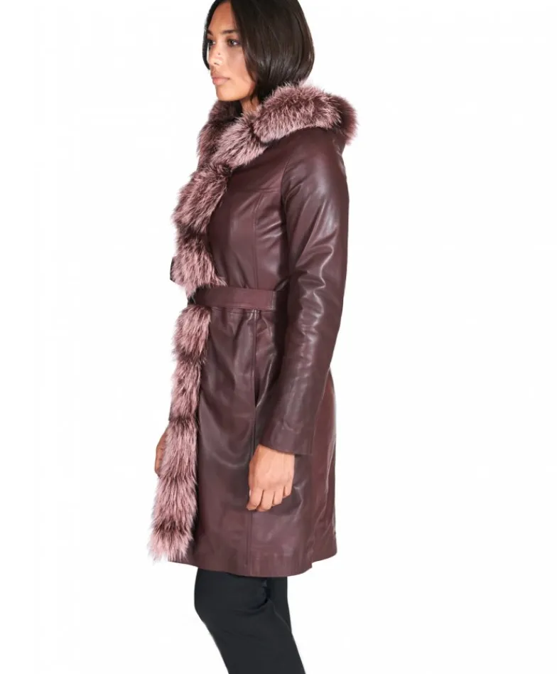 Donna D'Arienzo Tina - Cappotto in pelle naturale bordeaux con cappuccio bordato pelliccia