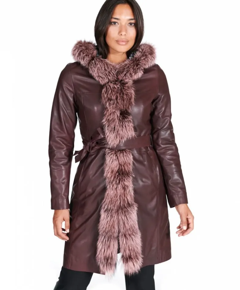Donna D'Arienzo Tina - Cappotto in pelle naturale bordeaux con cappuccio bordato pelliccia