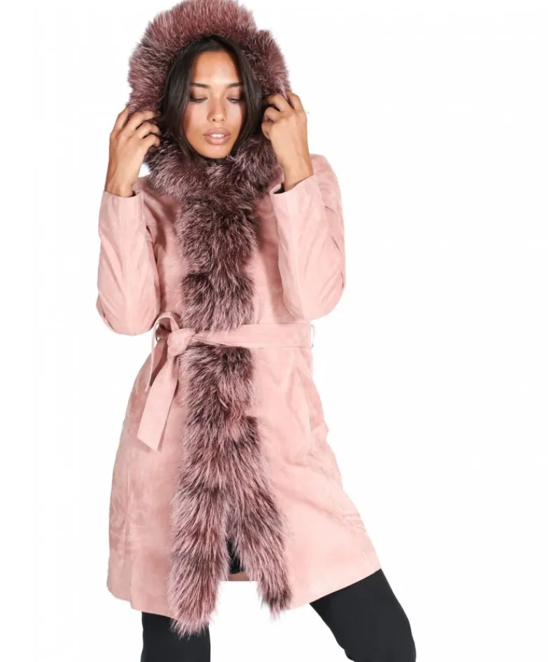 Donna D'Arienzo Tina - Cappotto in pelle scamosciata rosa con cappuccio bordato pelliccia