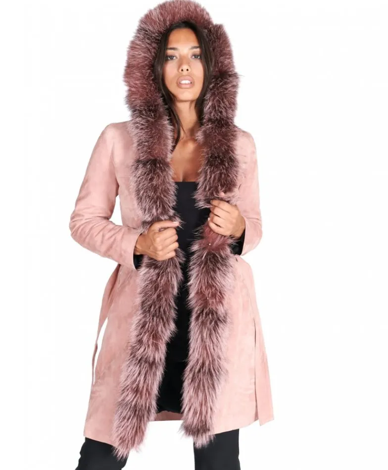 Donna D'Arienzo Tina - Cappotto in pelle scamosciata rosa con cappuccio bordato pelliccia