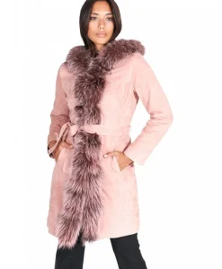Donna D'Arienzo Tina - Cappotto in pelle scamosciata rosa con cappuccio bordato pelliccia