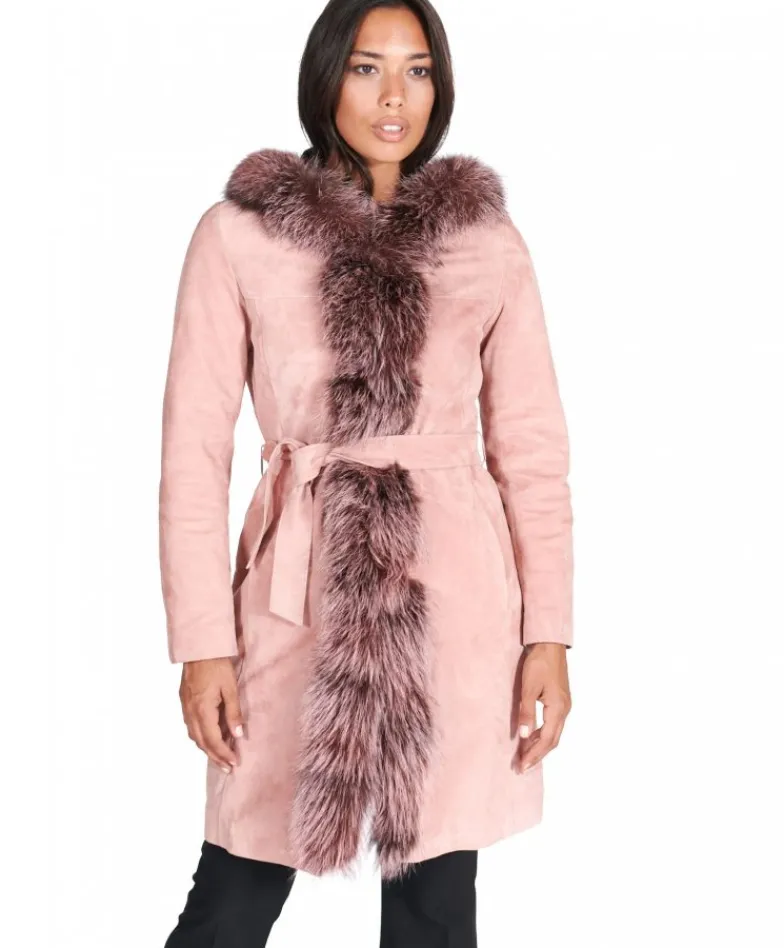 Donna D'Arienzo Tina - Cappotto in pelle scamosciata rosa con cappuccio bordato pelliccia