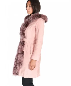 Donna D'Arienzo Tina - Cappotto in pelle scamosciata rosa con cappuccio bordato pelliccia