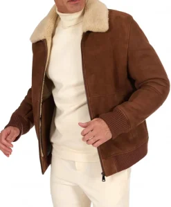 Uomo D'Arienzo Tom - Montone Shearling color cuoio bomber scamosciato collo camicia