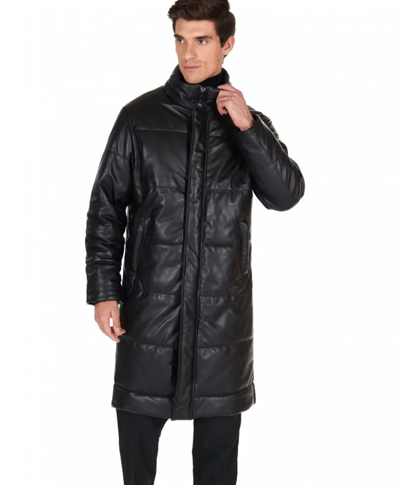 Uomo D'Arienzo Turchese - Piumino lungo in pelle nera uomo versione oversize
