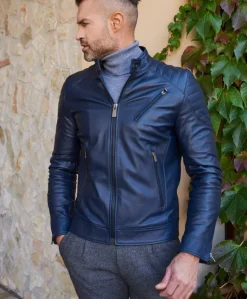 Uomo D'Arienzo U411 - Giacca moto in pelle blu biker trapuntato spalle effetto liscio