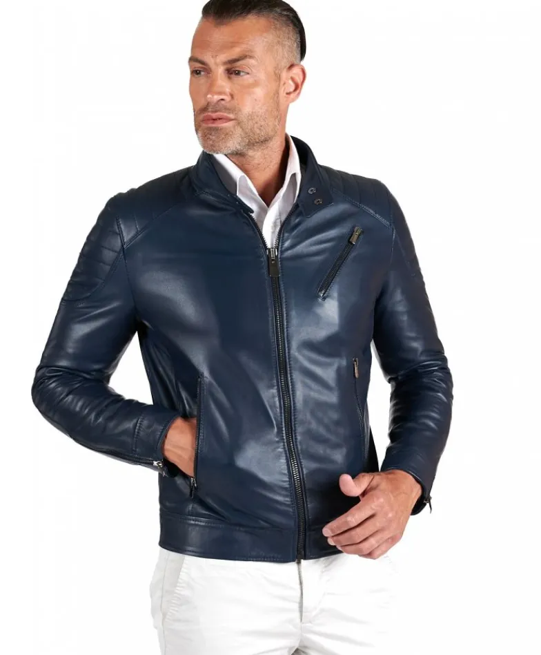 Uomo D'Arienzo U411 - Giacca moto in pelle blu biker trapuntato spalle effetto liscio