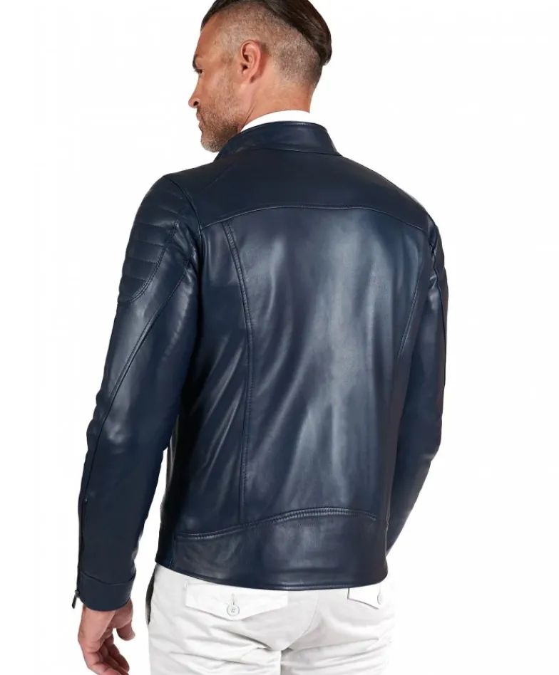 Uomo D'Arienzo U411 - Giacca moto in pelle blu biker trapuntato spalle effetto liscio