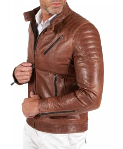 Uomo D'Arienzo U411 - Giacca moto in pelle cuoio biker trapuntato spalle effetto liscio