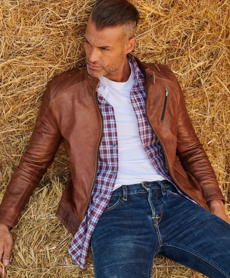 Uomo D'Arienzo U411 - Giacca moto in pelle cuoio biker trapuntato spalle effetto liscio