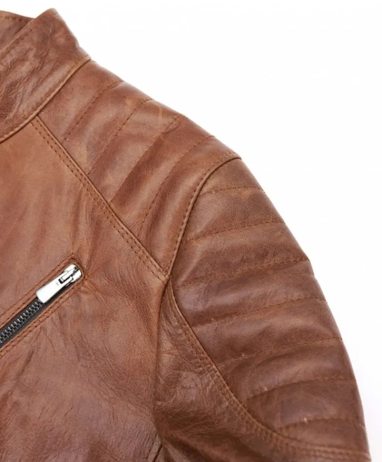 Uomo D'Arienzo U411 - Giacca moto in pelle cuoio biker trapuntato spalle effetto liscio