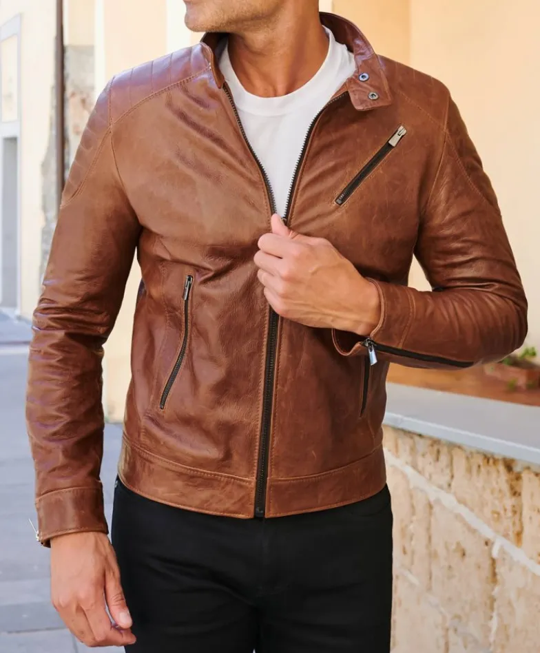 Uomo D'Arienzo U411 - Giacca moto in pelle cuoio biker trapuntato spalle effetto liscio
