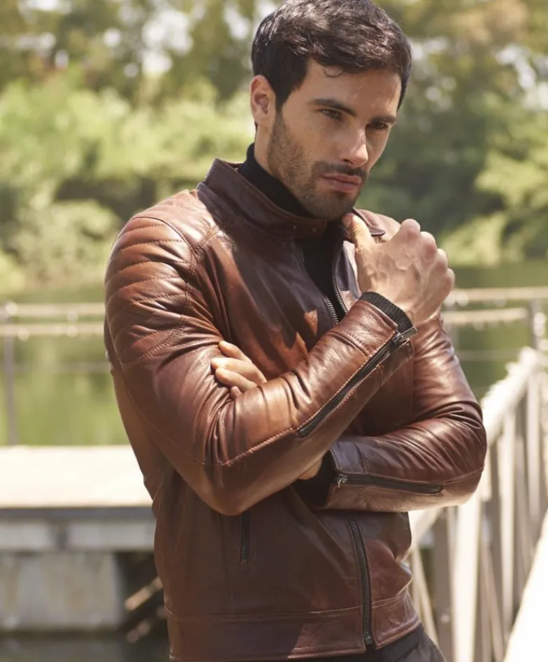 Uomo D'Arienzo U411 - Giacca moto in pelle cuoio biker trapuntato spalle effetto liscio