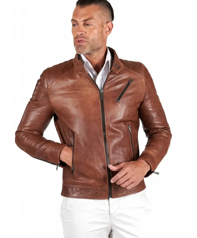 Uomo D'Arienzo U411 - Giacca moto in pelle cuoio biker trapuntato spalle effetto liscio