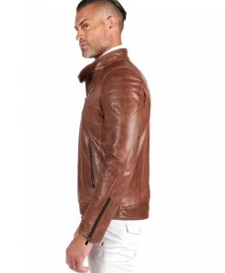 Uomo D'Arienzo U411 - Giacca moto in pelle cuoio biker trapuntato spalle effetto liscio