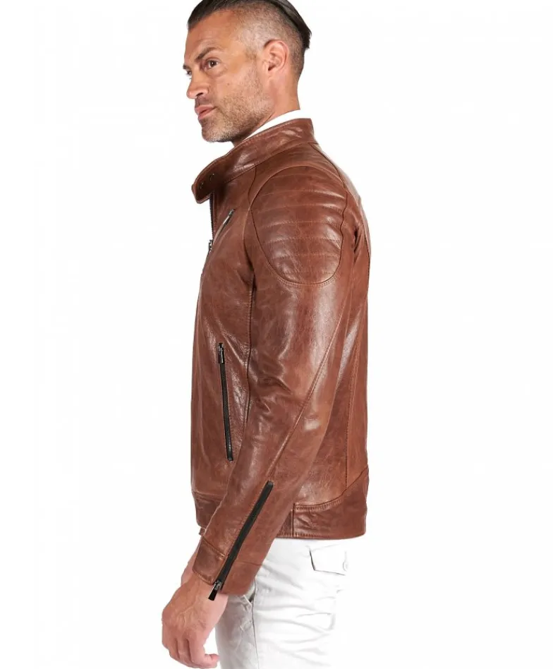 Uomo D'Arienzo U411 - Giacca moto in pelle cuoio biker trapuntato spalle effetto liscio