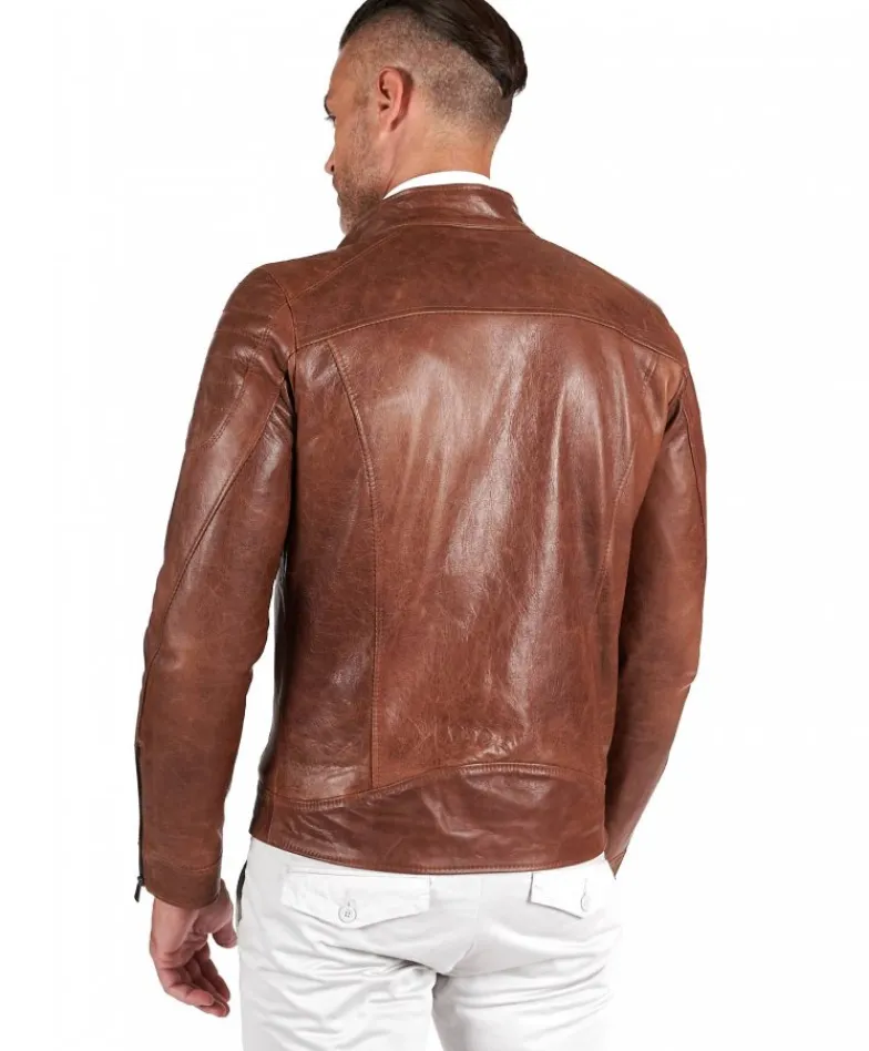 Uomo D'Arienzo U411 - Giacca moto in pelle cuoio biker trapuntato spalle effetto liscio