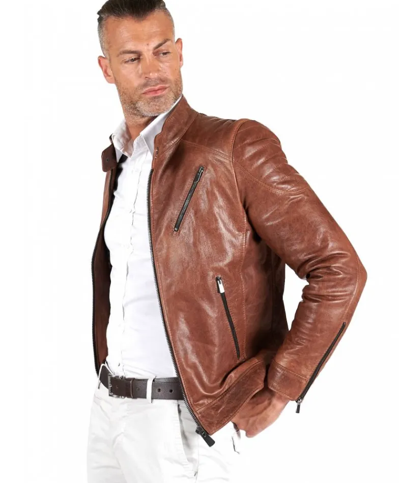 Uomo D'Arienzo U411 - Giacca moto in pelle cuoio biker trapuntato spalle effetto liscio