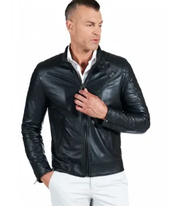 Uomo D'Arienzo U411 - Giacca moto in pelle nera biker trapuntato spalle effetto liscio