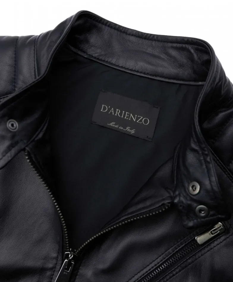Uomo D'Arienzo U411 - Giacca moto in pelle nera biker trapuntato spalle effetto liscio