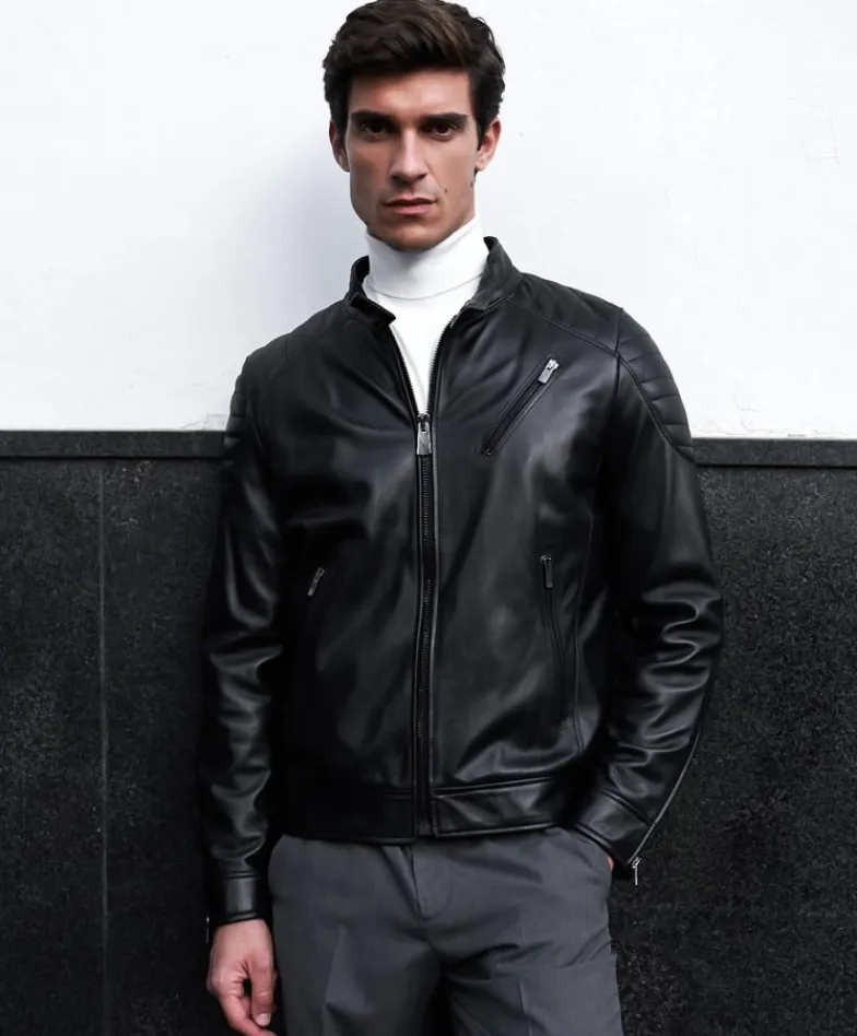 Uomo D'Arienzo U411 - Giacca moto in pelle nera biker trapuntato spalle effetto liscio