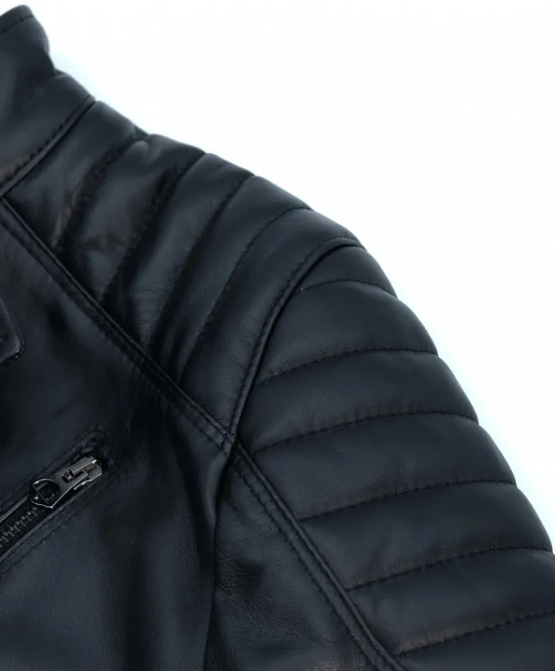 Uomo D'Arienzo U411 - Giacca moto in pelle nera biker trapuntato spalle effetto liscio