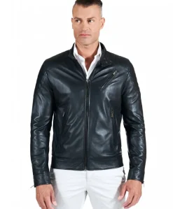 Uomo D'Arienzo U411 - Giacca moto in pelle nera biker trapuntato spalle effetto liscio