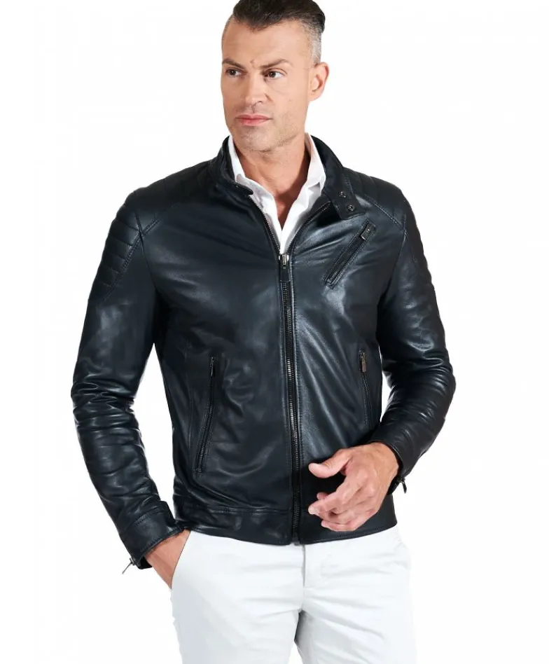 Uomo D'Arienzo U411 - Giacca moto in pelle nera biker trapuntato spalle effetto liscio