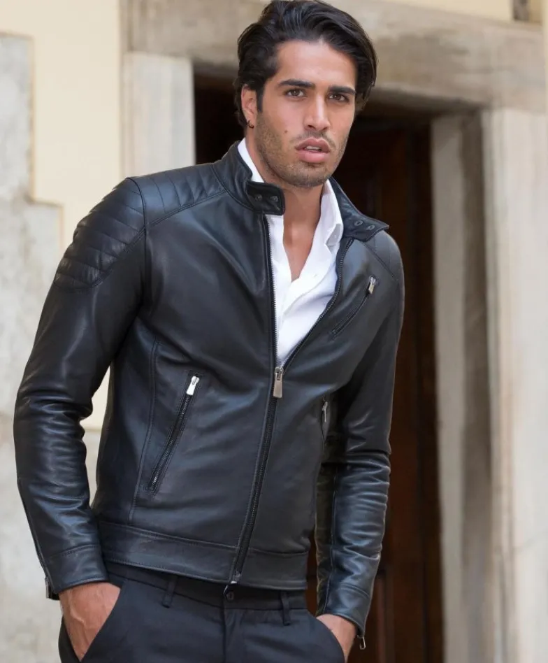 Uomo D'Arienzo U411 - Giacca moto in pelle nera biker trapuntato spalle effetto liscio