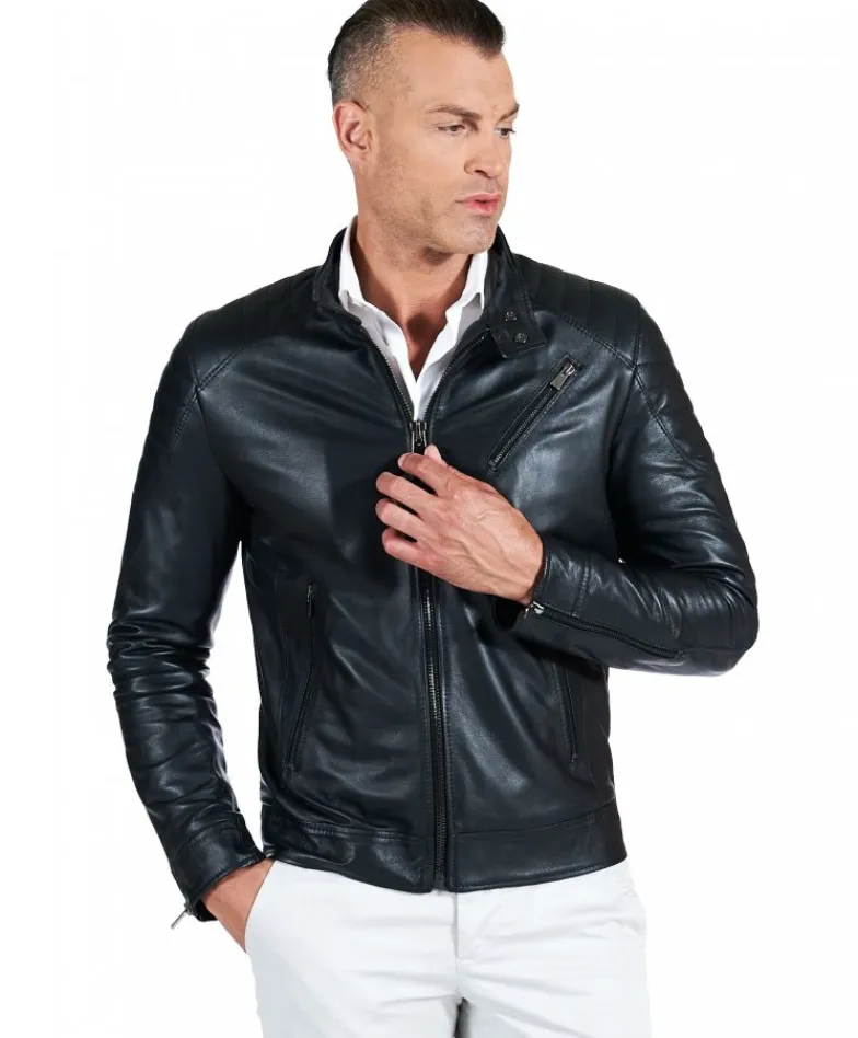 Uomo D'Arienzo U411 - Giacca moto in pelle nera biker trapuntato spalle effetto liscio