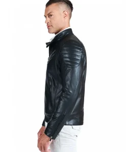 Uomo D'Arienzo U411 - Giacca moto in pelle nera biker trapuntato spalle effetto liscio