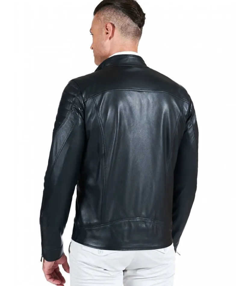 Uomo D'Arienzo U411 - Giacca moto in pelle nera biker trapuntato spalle effetto liscio