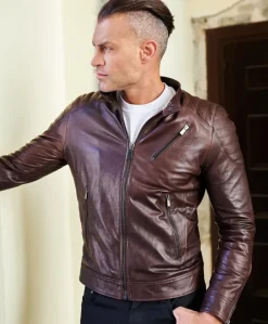 Uomo D'Arienzo U411 - Giacca moto in pelle testa di moro biker trapuntato spalle effetto liscio