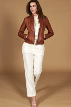 Donna D'Arienzo Vale - Giacca biker in pelle color cuoio effetto liscio collo coreana