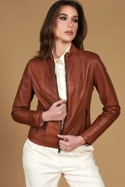 Donna D'Arienzo Vale - Giacca biker in pelle color cuoio effetto liscio collo coreana