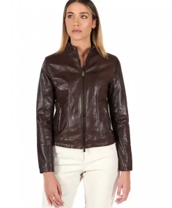 Donna D'Arienzo Vale - Giacca biker in pelle testa di moro effetto vintage collo coreana