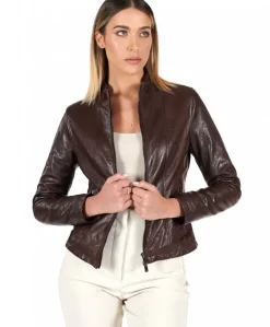 Donna D'Arienzo Vale - Giacca biker in pelle testa di moro effetto vintage collo coreana