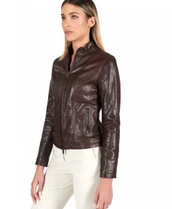 Donna D'Arienzo Vale - Giacca biker in pelle testa di moro effetto vintage collo coreana